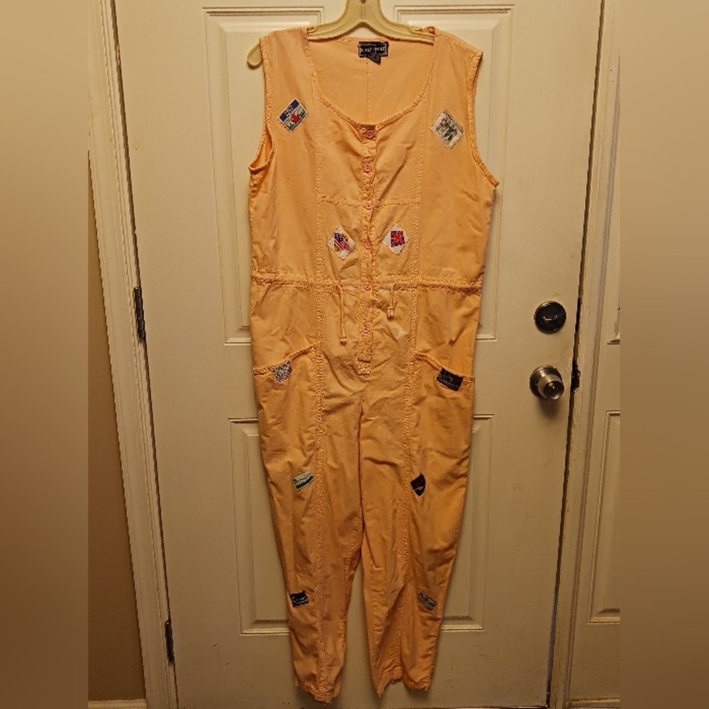 Vtg 80s Peach Cotton Oversized Festival Jumpsuit w/ Appliqué Patches – Size M - Picture 4 of 17